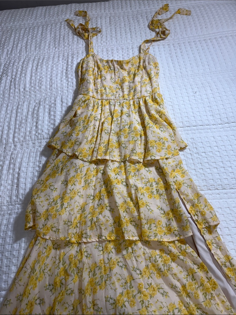 Women’s Yellow Floral Tiered Sundress with Tie Straps and small slit